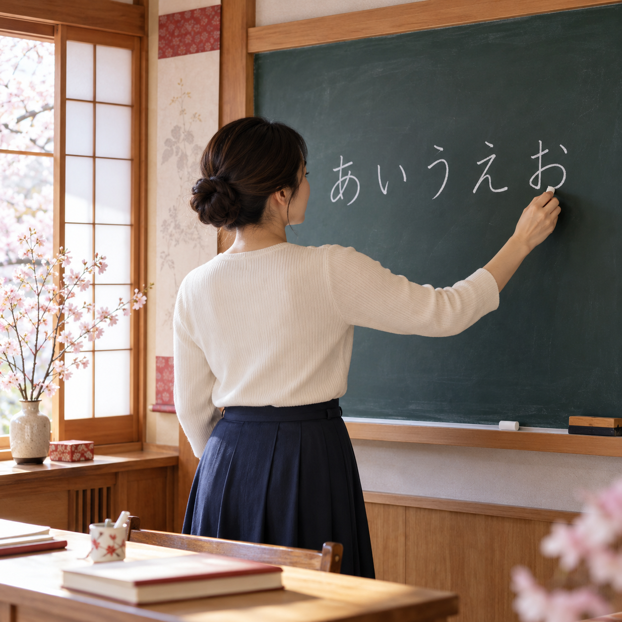 Japanischer Unterrichtsraum mit einer Person, die Hiragana an eine Tafel schreibt